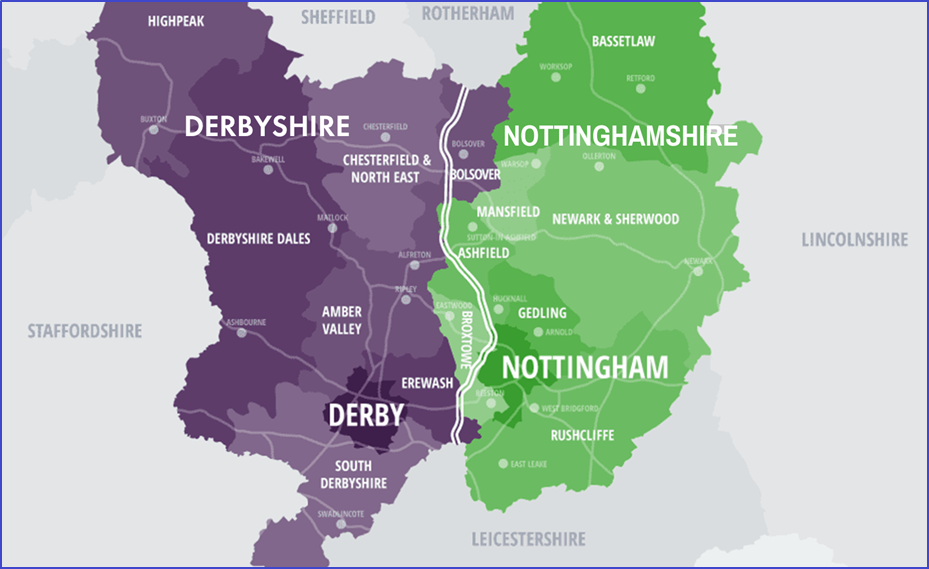Map showing Derbyshire and Nottinghamshire