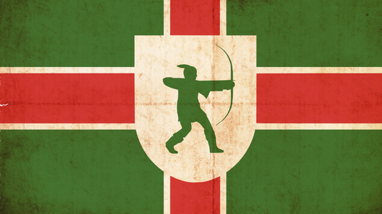 Nottinghamshire flag. Green background with red and white cross and green Robin Hood silhouette in the centre