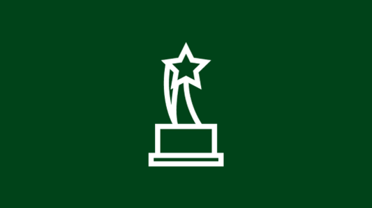 A graphic of a trophy, outlined in white, set against a dark green background.