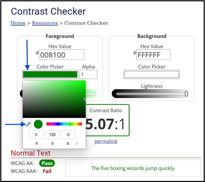 Screenshot of WebAIM Contrast Checker showing the Colour Picker's dropper
