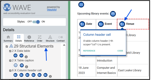 Screenshot of WAVE tool showing structure elements for checking tables.