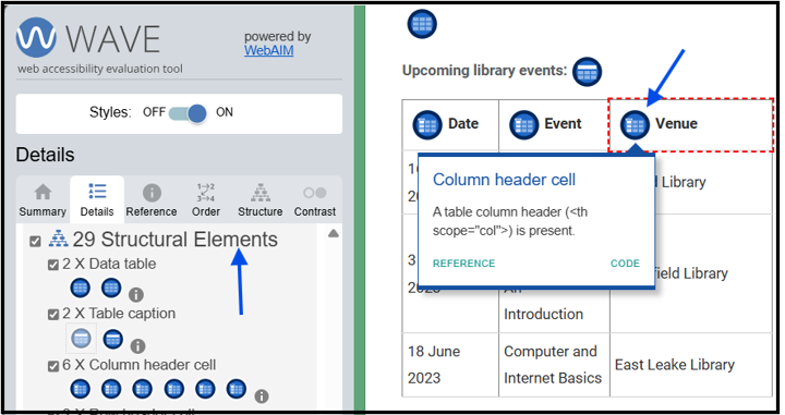Screenshot of WAVE tool showing structure elements for checking tables.