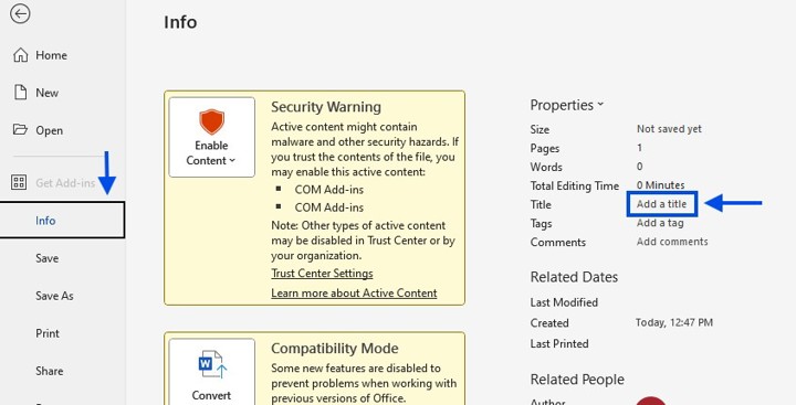 Screenshot of Title field in Properties under the Info tab in Word.