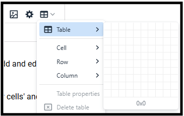 Screenshot of CMS formatting toolbar showing table properties