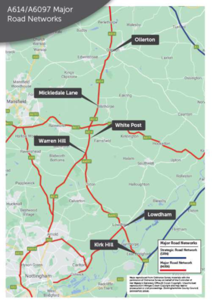 Map of A614/A6097 Major Road Networks