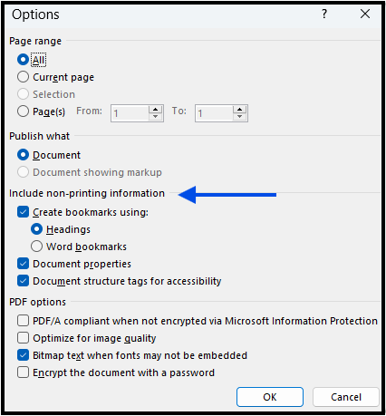 Screenshot of Export and Save As 'Options' menu