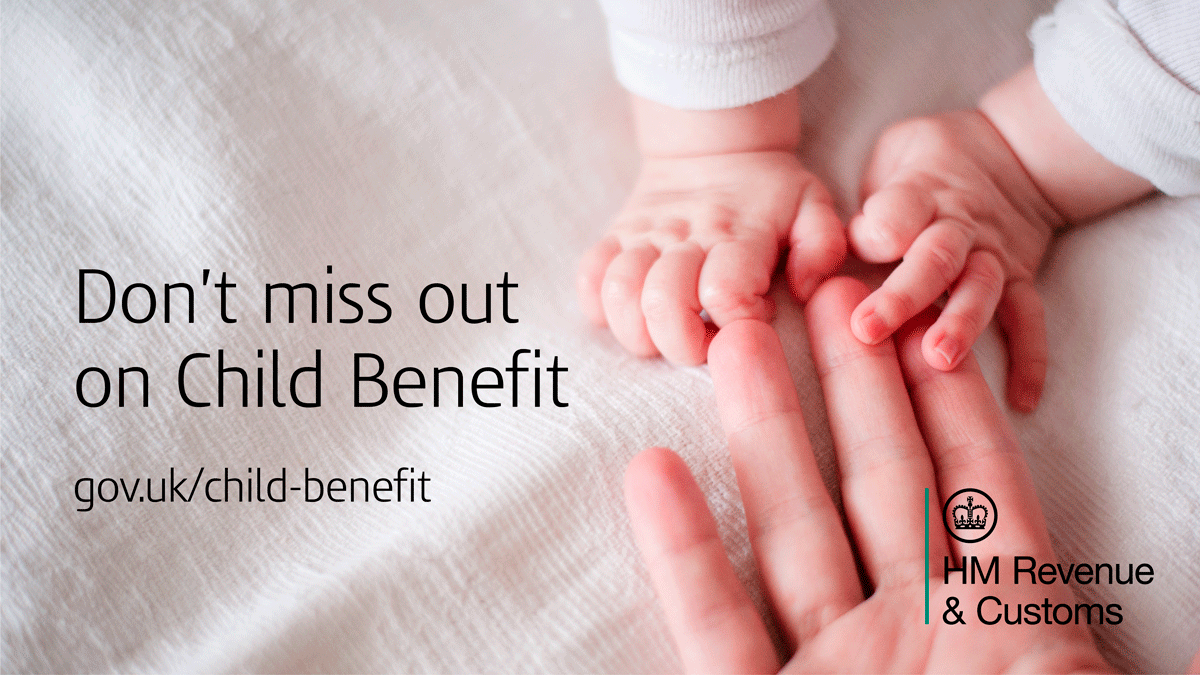 An adult hand holding a baby hand with the text Don't miss out on Child Benefit