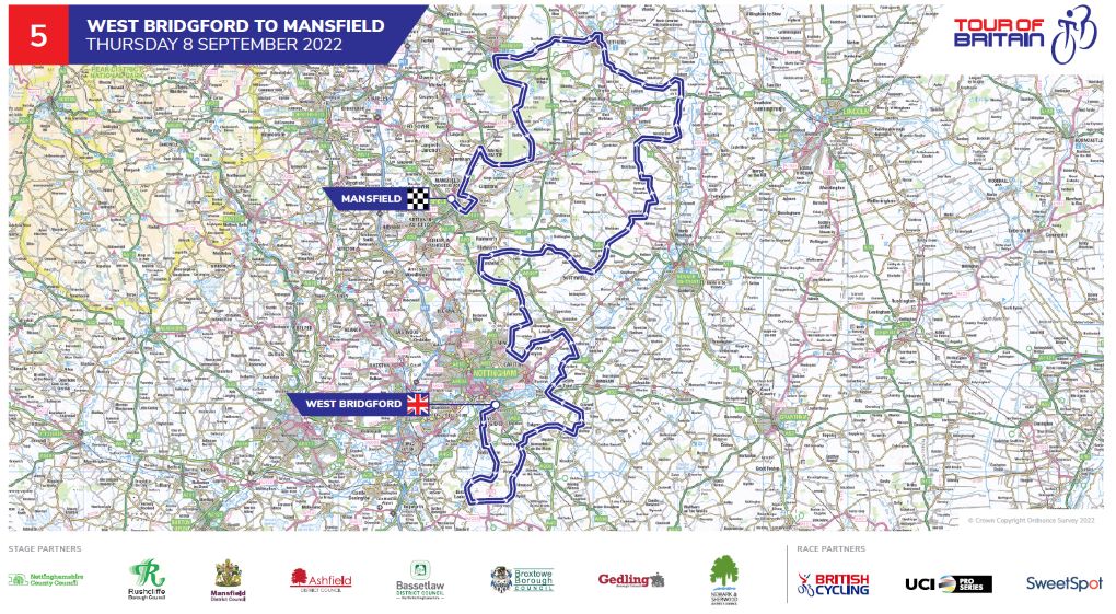 A map of the Tour of Britain route through Nottinghamshire
