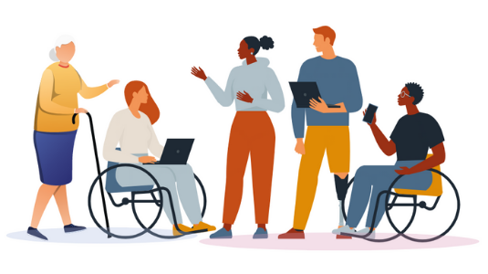 Cartoon image of a group of men and women of different ethnicities and ages. Two people are in wheelchairs. One man has a prosthetic leg.  