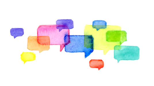 Multi-coloured speech bubbles on a white background