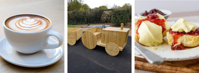 Coffee with latte art design, play area wooden tractor ride and a strawberry jam and cream scone