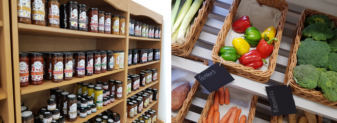 The farm shop shelves filled with jarred preserves and fresh farm vegetables