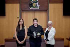 Councillor Sinead Anderson, countywide winner Kieran Frankland with his awards, and Councillor Tracey Taylor stading together