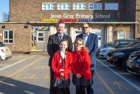 Councillor Jonathan Wheeler (right) pictured with head teacher Chris Belton and pupils Bria Coates, 10, and Isabelle Vallance, 11, after his tour of the school