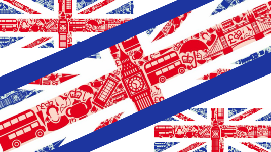 Composite image in red and blue of GB images - Phone Box, Cab, Bus,Big Ben Tower of London Queen etc.