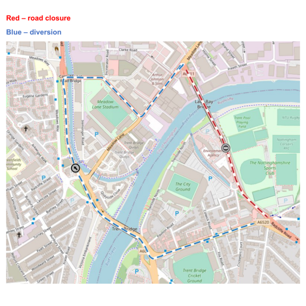 Map of Trent Bridge area showing diversion routes for Lady Bay closure