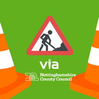 Two white and orange traffic comes either side of a green background with roadworks road sign in centre and Nottinghamshire County  Council and Via logos underneath