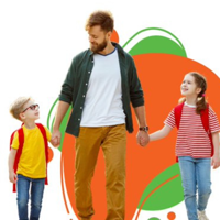 Man holding hands with a boy and a girl crossing the road with orange and green background