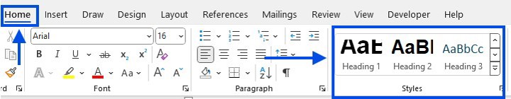 Screenshot of Home tab in Word showing Heading Styles tool.