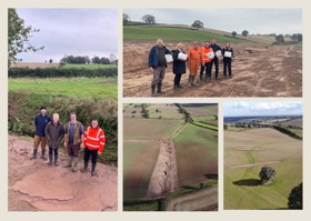 A collage of images showing Woodborough Natural Flood Management Scheme, including two drone shots of the work done on the land and an image of representatives from the Trent Rivers Trust, Environment Agency, Nottinghamshire County Council , Flood Action Group and the landowner