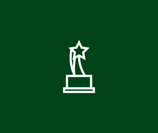 A graphic of a trophy, outlined in white, set against a dark green background.