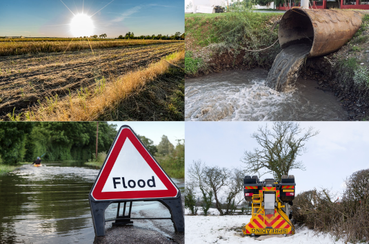 Environmental hazards including a flood, water pouring from a large pipe and gritter in a snowy field 