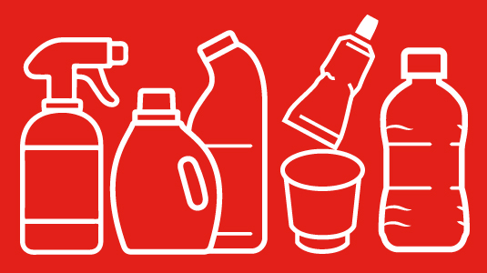 Plastic pots and tubs on a red background