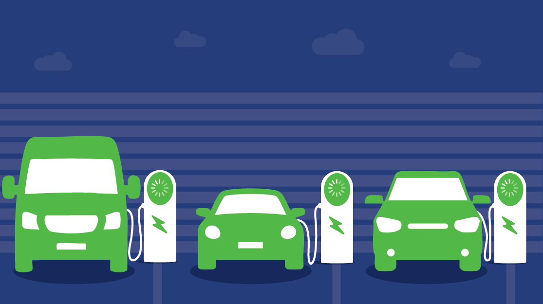 A graphic of two cars and a van plugged in to three electric vehicle chargepoints