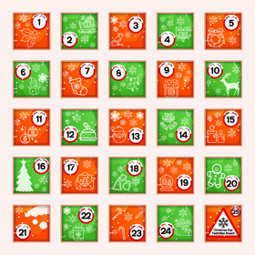 The windows of the Via road safety advent calendar with 25 green and orange festive squares to be opened