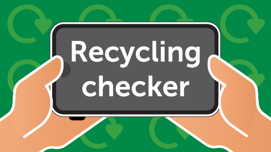 Hands holding a phone with the words 'recycling checker' on it