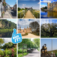Photo montage of nine scenic sites in Nottinghamshire with a Bus It Thumbs Up stamp