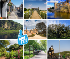 Photo montage of nine scenic sites in Nottinghamshire with a Bus It Thumbs Up stamp