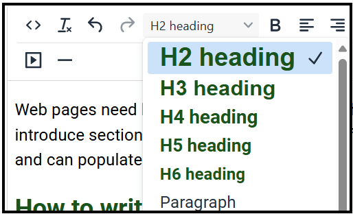 Screenshot of a CMS showing headings in a formatting toolbar