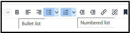 Screenshot of CMS formatting toolbar showing bulleted and numbered lists icons