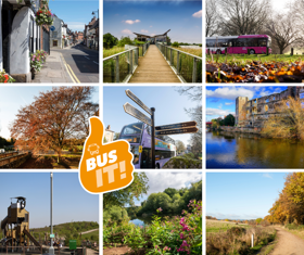 A collage of images of scenery around Nottinghamshire with an orange thumb and the words Bus It