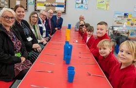 Nottinghamshire County Council, Vertas, and Vertas Nottinghamshire Ltd representatives get ready to share a meal with local school children.