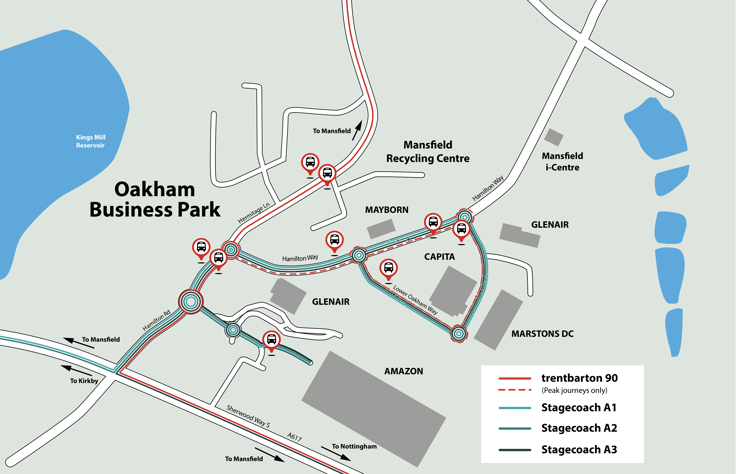 Image of Oakham Business Park bus routes, Trent Barton 90 alongside Stagecoach routes for the A1 A2 and A3 bus service..