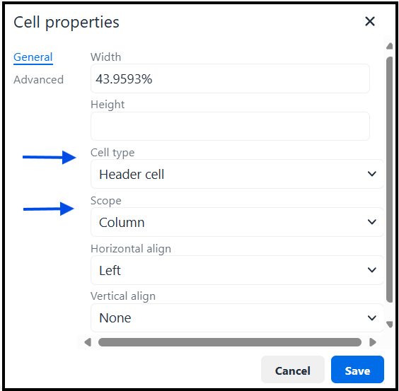 Screenshot of CMS table 'Cell properties' showing 'Cell type' and 'Scope'.