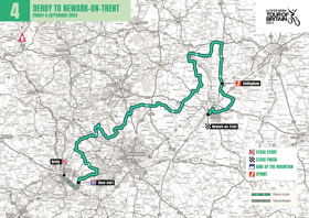 Map showing the route of the East Midlands leg of the LLoyds Bank Tour of Britain Men Derby to Newark on Trent