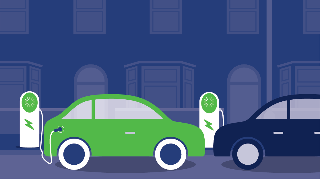 A graphic of two cars, one green and one blue, plugged in to electric vehicle chargepoints