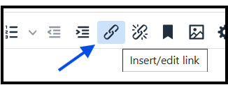Screenshot of a CMS showing 'Insert/edit link' icon in the formatting toolbar