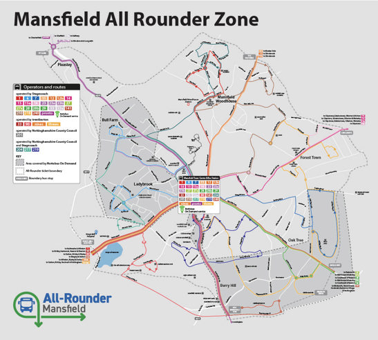 A map explaining which bus services are included in the Mansfield All-Rounder zone