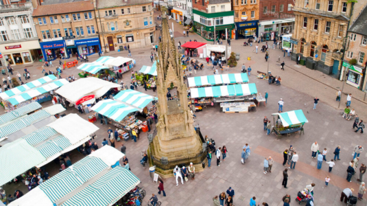 Aerial shot of Mansfield town centre market