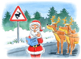 Santa is looking at a copy of the highways code. Behind him, two reindeer are looking at a deer crossing sign on the highway