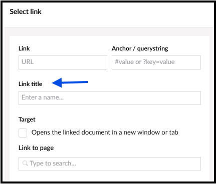 Screenshot of CMS's select link box showing 'Link title' field