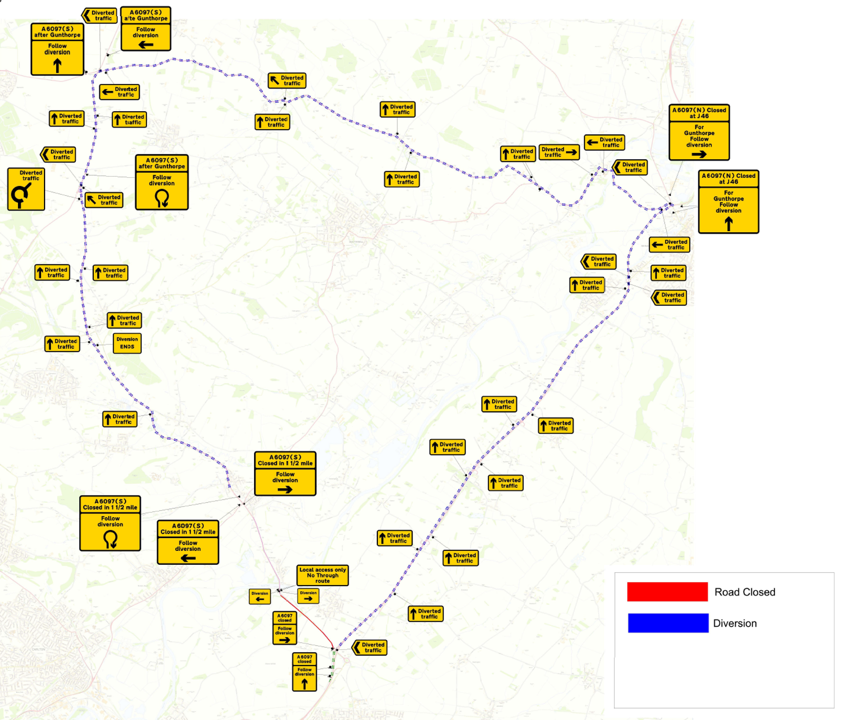 A map showing the diversion route for the night time closure of the A6097 between Gunthorpe Bridge and the A46 from 8pm on Friday 4 September until 6am on Saturday 5 September